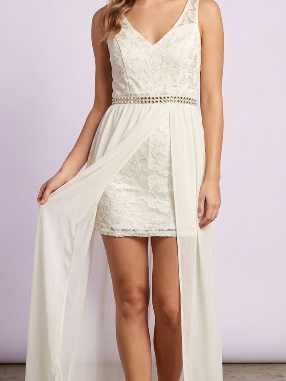 Charlotte Russe Women L Ivory Lace Mini Dress Rhinestone Waist Chiffon Maxi Over